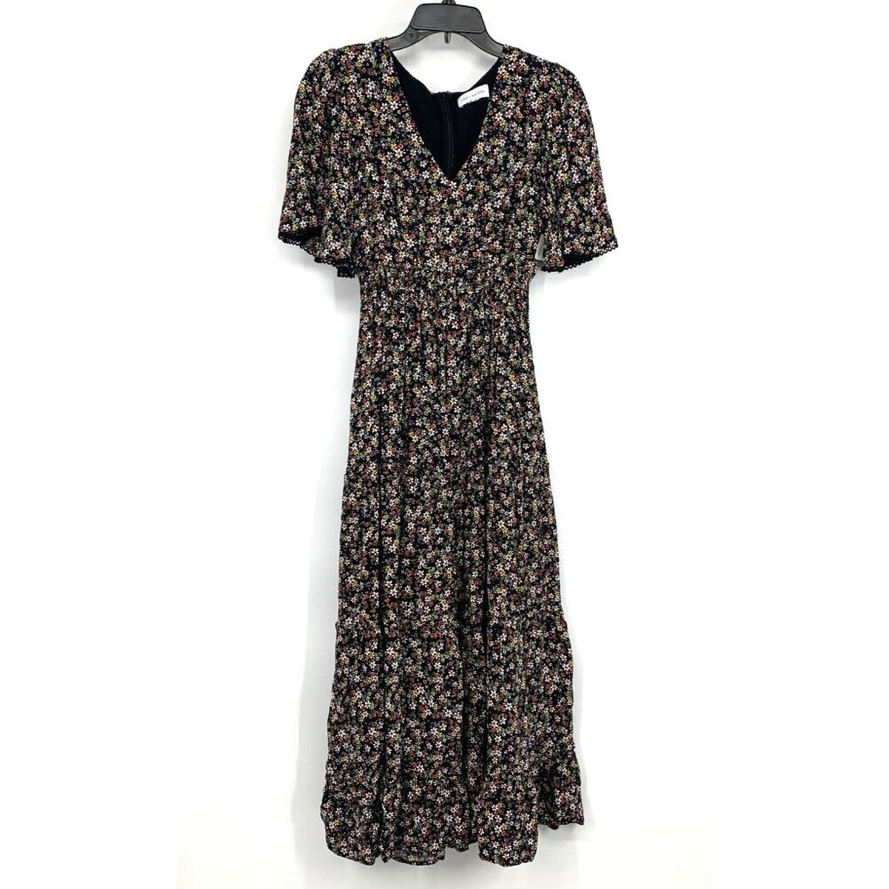 Lost + Wander Dress Maxi Black Floral Print V Neck Short Sleeve Boho - Picture 2 of 13